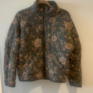 Forever 21 Women’s Green and Tan Quilted Floral Zip Up Jacket Size XS